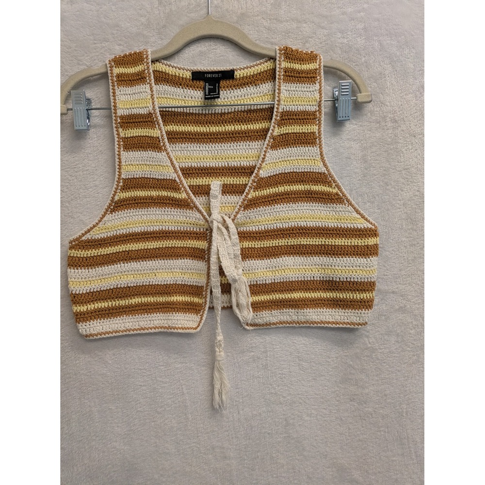 Forever‎ 21 Crochet Striped Tie Front Cropped Vest Women's Small